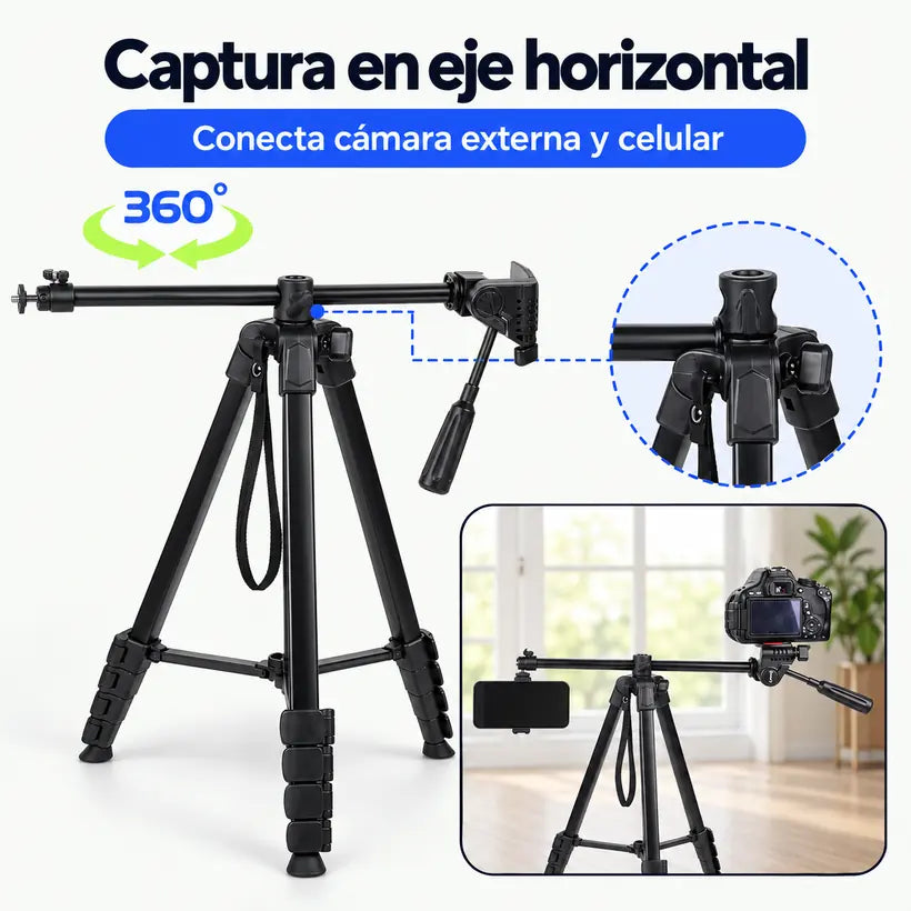 Trípode Jmary KP-2209 con brazo horizontal: captura en eje horizontal con cámara y celular